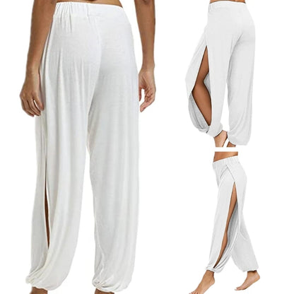 Womens Harem Hippie Pants Yoga Clothing Smocked Waist Palazzo Beach Cover Up Pants Side Split Active Workout Sweatpants
