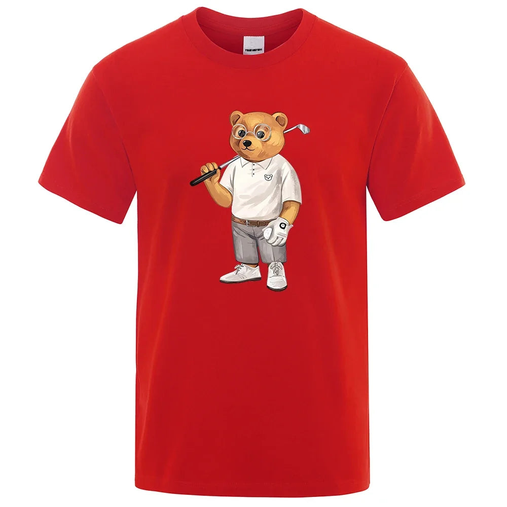Gentleman Ted Bear Playing Golf Men T Shirts Summer Cotton Sweat T-Shirts Breathable Loose Clothes Hip Hop Street Short Sleeve