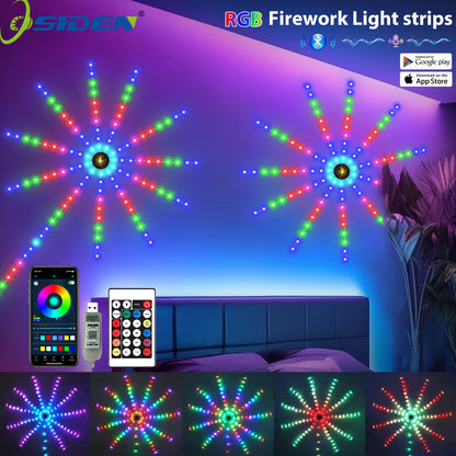 1pc RGB Firework Flexible LED Strip Lights 5V USB With Bluetooth Remote Voice-Activated Christmas Decoration Lights for Bedroom