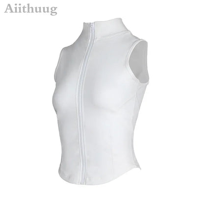 Aiithuug Athletic Zip Up Sweat Vest Jacket Sleeveless Running Yoga Tops High Neck Shirts Sports Top Fitness Women Workout Tops