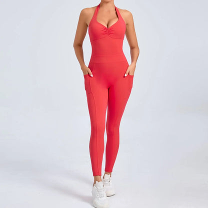 Fashion Sexy Sports Jumpsuit with Pocket Women Sportswear One Piece Gym Yoga Clothing Backless Scrunch Fitness Overalls Push Up