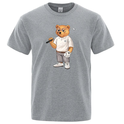 Gentleman Ted Bear Playing Golf Men T Shirts Summer Cotton Sweat T-Shirts Breathable Loose Clothes Hip Hop Street Short Sleeve
