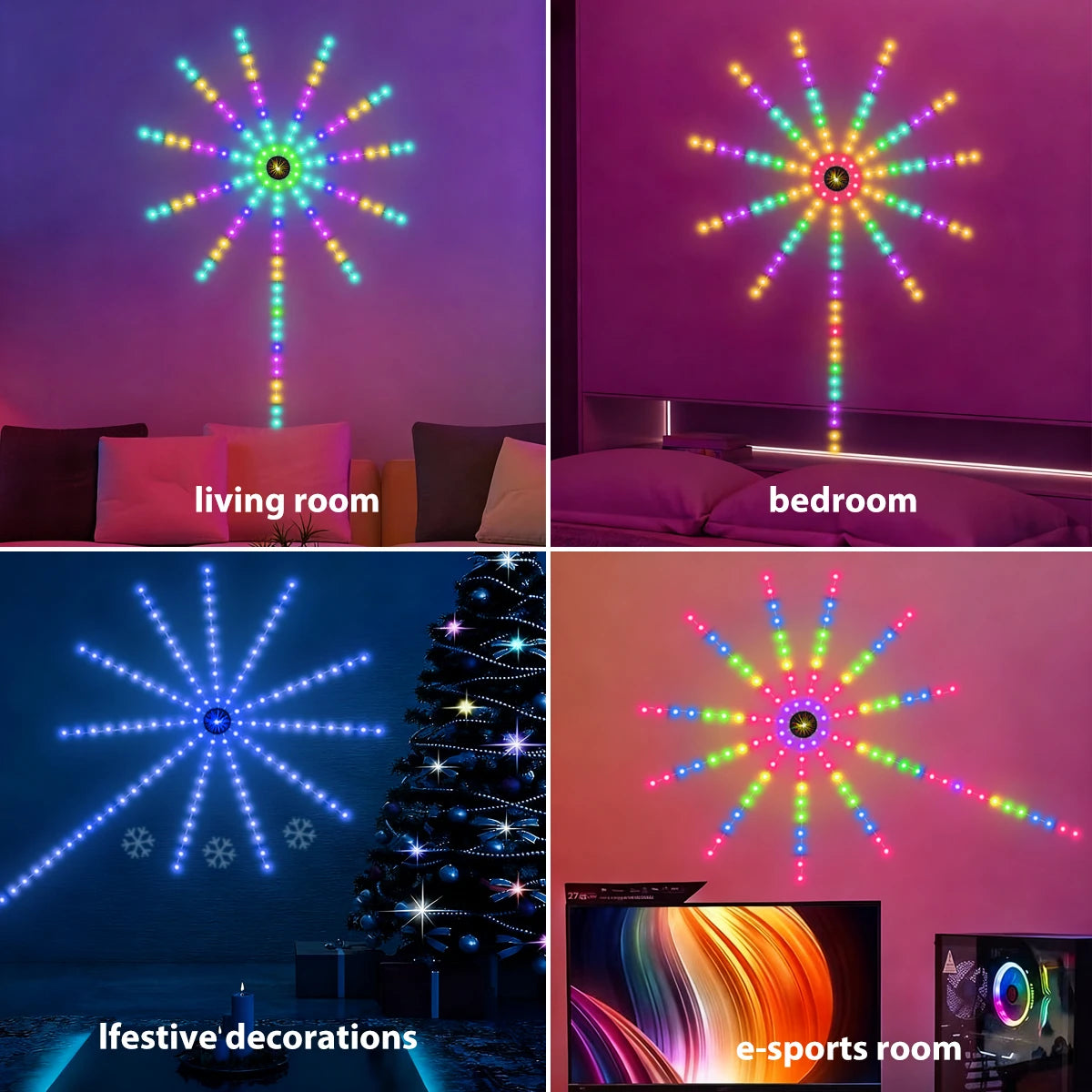 1pc RGB Firework Flexible LED Strip Lights 5V USB With Bluetooth Remote Voice-Activated Christmas Decoration Lights for Bedroom