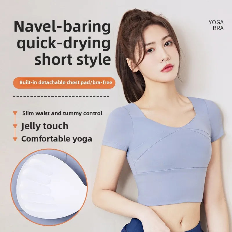 Fashion Yoga Clothing Short Yoga Top Stretch with Chest Pad Sports Tights Nude Yoga Short Sleeve