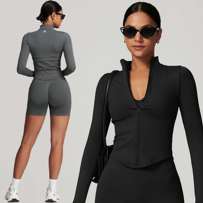 A-New stand-up collar zip long-sleeved yoga jacket women tight fast-drying yoga clothing outdoor fitness sports tops