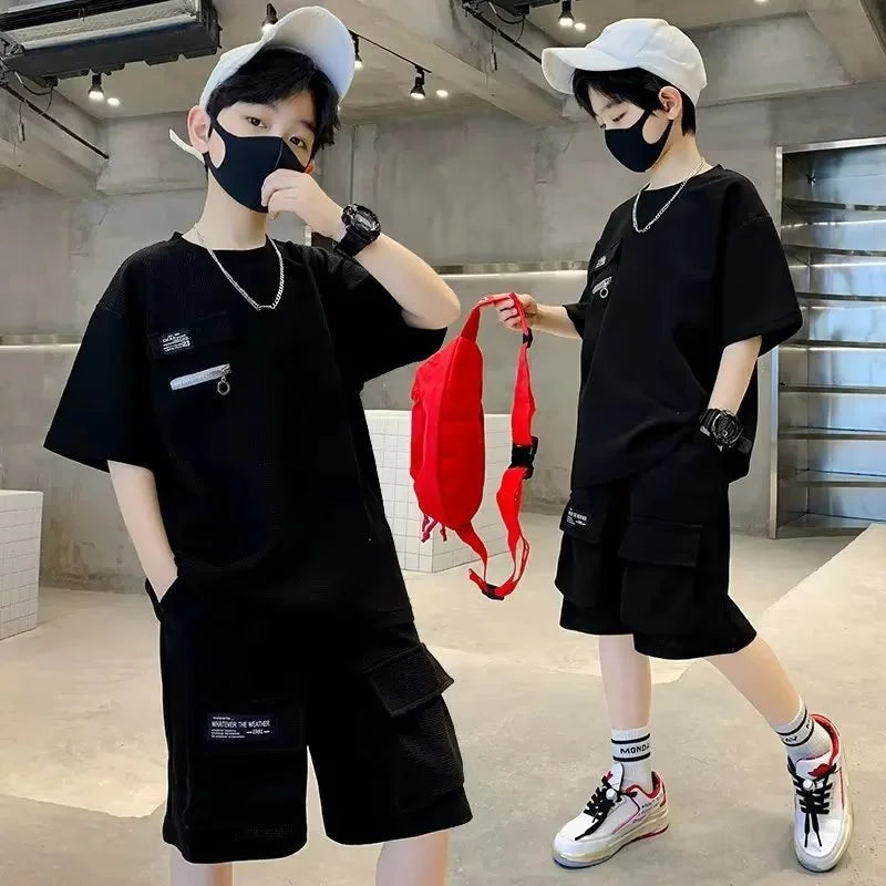 Boys Sport Clothing Sets Summer Big Kids Loose Casual Suit Teen Short Sleeve Tops+Shorts 2Pcs Children Fashion Handsome Outfits