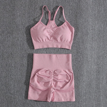 Solid Women Two Piece Sets Peach Buttocks Shorts Female Trackuists Gym Set Halter Fitness Shorts Push Up Bra Summer