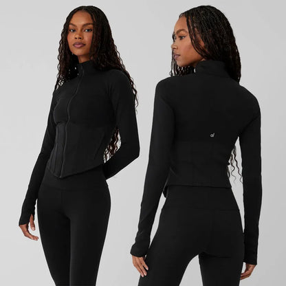AL Women's Workout Top Airbrush Corset Full Zip Jacket Running Fitness Top Slim Fit Yoga Sports Zipper Comfortable Top Black