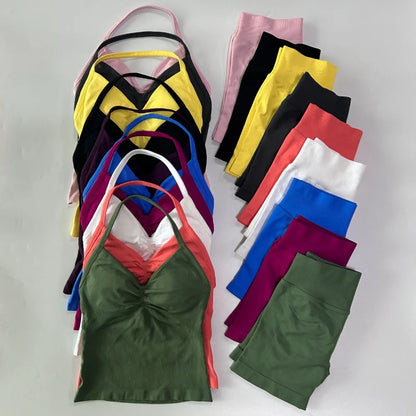 2 Pieces Impact Sports Set Workout Clothes Shorts Sets Impact Longline Strappy Top Seamless Scrunch Shorts Yoga Clothing Gym Set