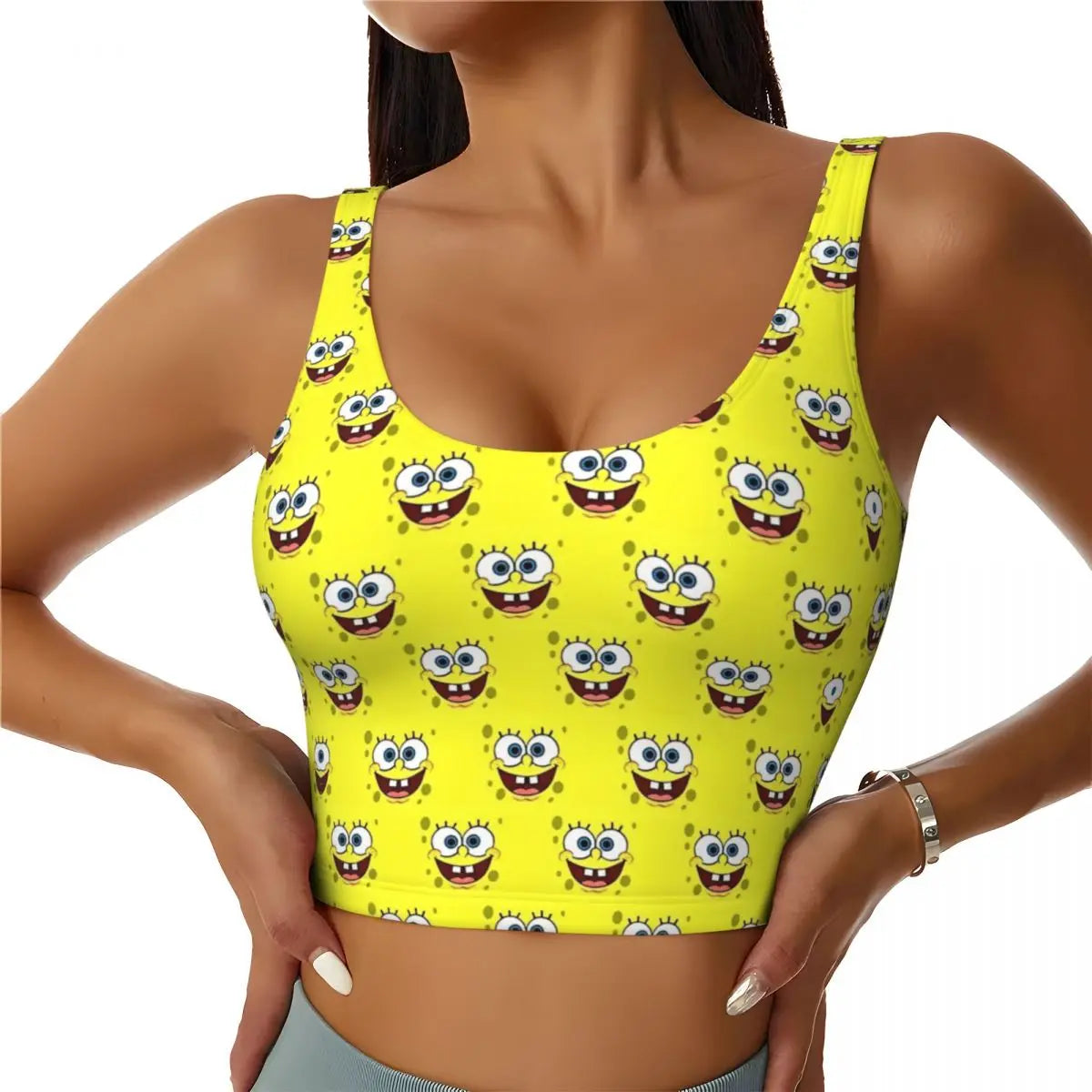 SpongeBobed Anime Cartoon Womens' Sports Bra Longline Wirefree Padded with Medium Support Yoga Sport Bras With Removable Cups
