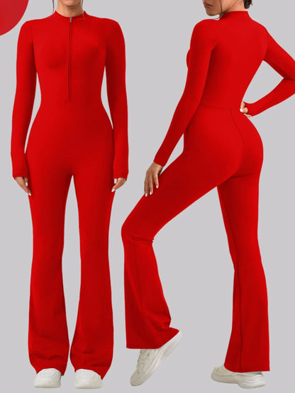 Yoga Jumpsuit Women's Sport Bodysuit Solid Color Zipper Long Sleeve Pants Bell-bottoms Sexy Slimming Fitness Wear 2025 New