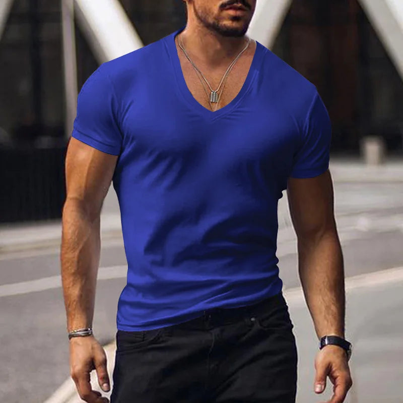 Tops Tees V Neck Short Sleeve Slim Fit T-shirt Men Casual Summer T Shirt  Short Sleeve T Shirt Men's