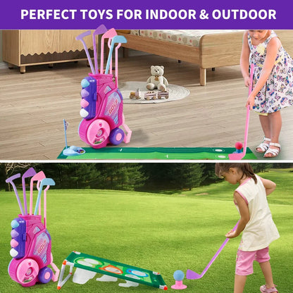 Pink Golf Toy Set with 12 Balls, Portable Golf Cart, Unique Shoulder Strap - Indoor Outdoor Sports Toy, Christmas, Thanksgiving