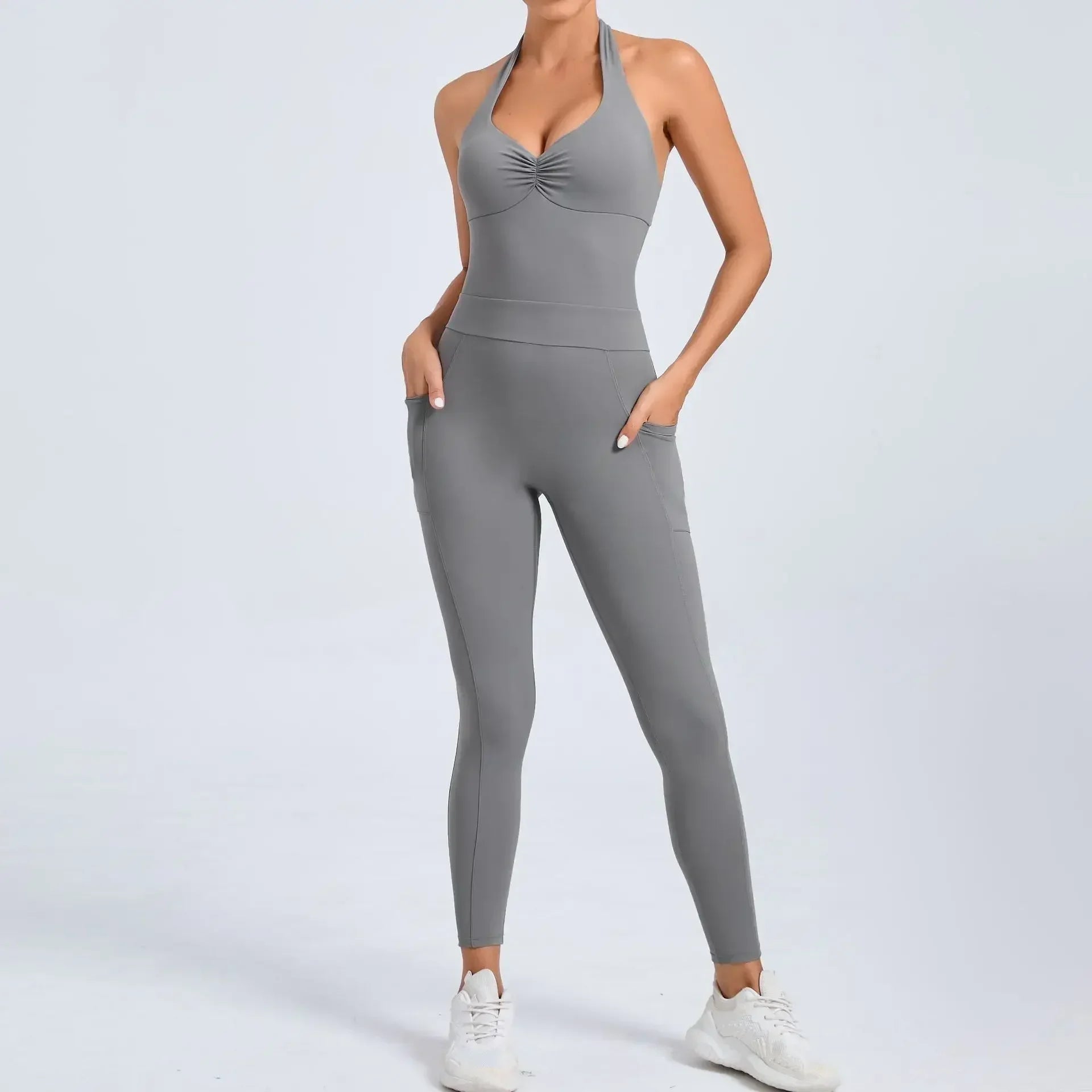 Fashion Sexy Sports Jumpsuit with Pocket Women Sportswear One Piece Gym Yoga Clothing Backless Scrunch Fitness Overalls Push Up