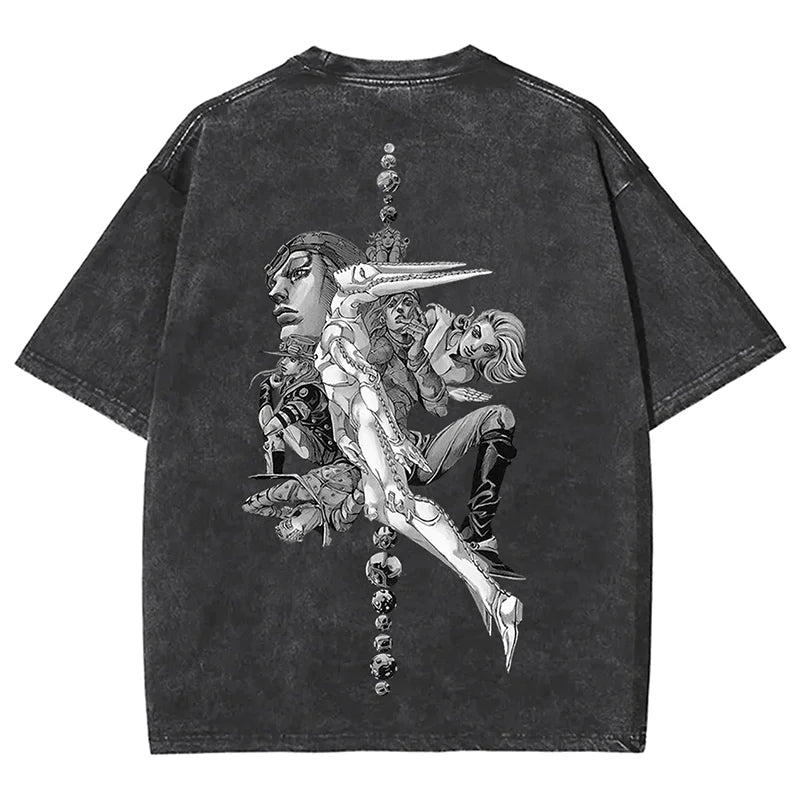 Men Tees Vintage JOJO Bizarre Adventure Steel Ball Run Vol Washed T-Shirt Fashion Streetwear Unisex Short Sleeve Tops Oversized