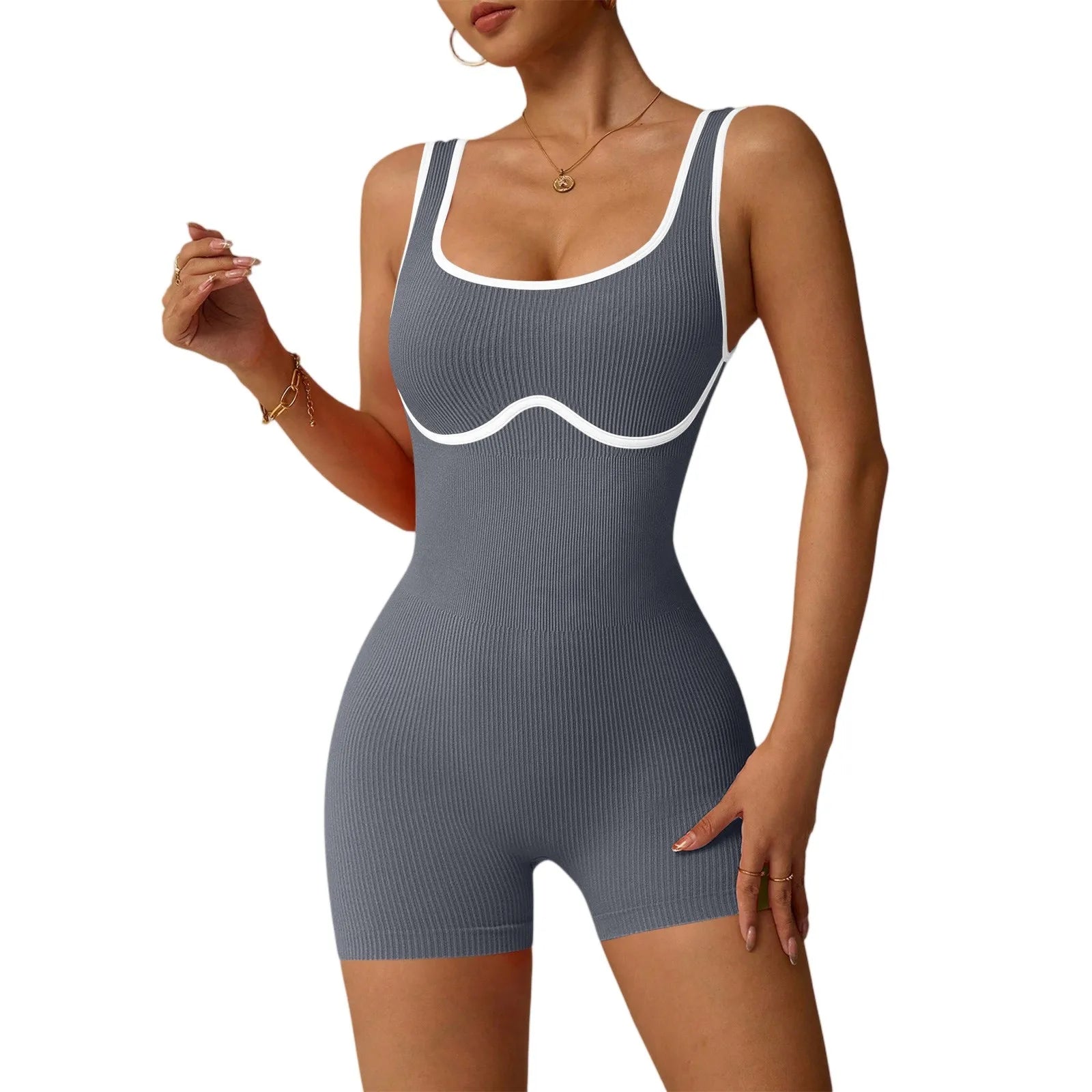 Women's Fashionable Solid Color Round Neck Tight Back Yoga Suit Yoga Jumpsuit Solid Color Fitness Activewear Breathable Yoga Set