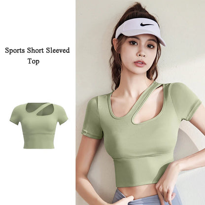 Yoga Shirts Women Diagonal Shoulder Hollow Out Sports Tees Short Sleeve T-Shirt With Padded Fitness Sportswear Workout Gym Tops