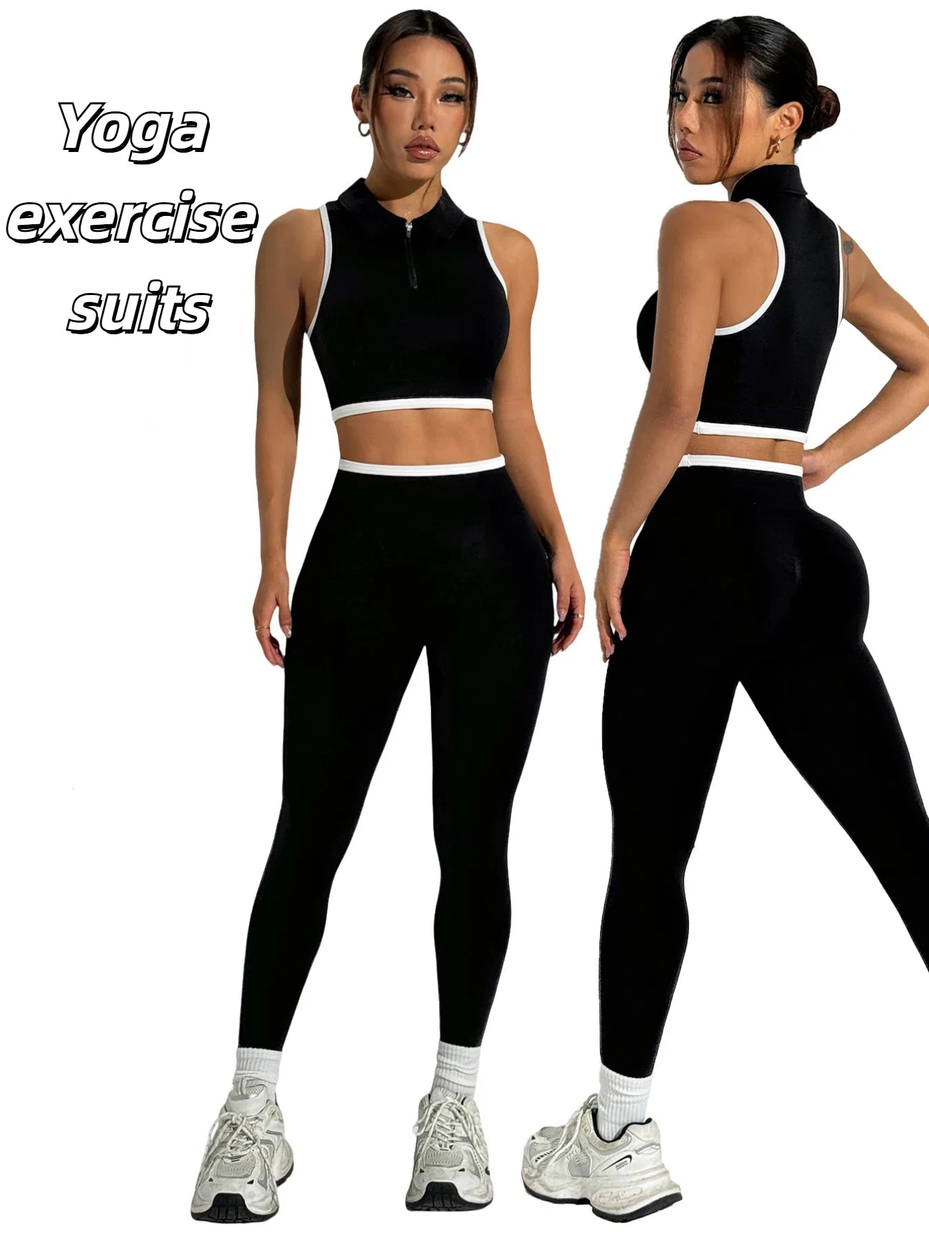 Yoga Clothing Set Women's High Waisted Leggings and Zipper Top Two Piece Seamless Fitness Exercise Clothing Workout Underwear