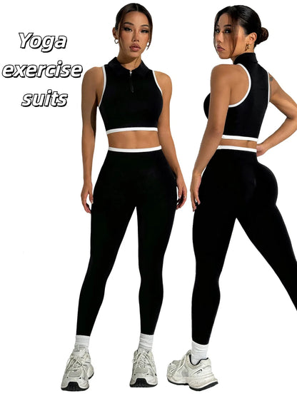 Yoga Clothing Set Women's High Waisted Leggings and Zipper Top Two Piece Seamless Fitness Exercise Clothing Workout Underwear