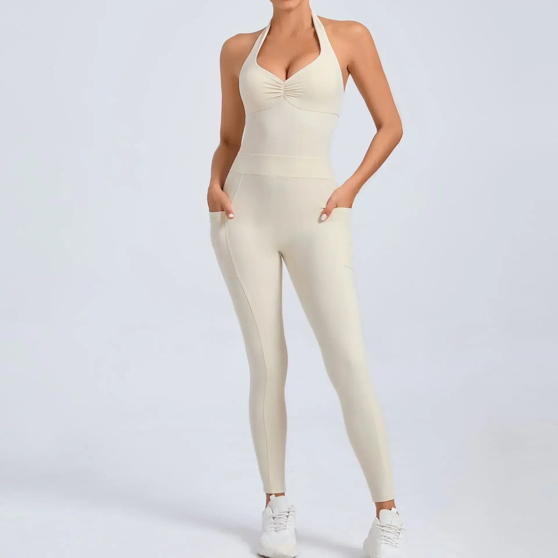 Fashion Sexy Sports Jumpsuit with Pocket Women Sportswear One Piece Gym Yoga Clothing Backless Scrunch Fitness Overalls Push Up
