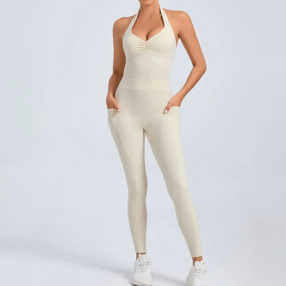 Fashion Sexy Sports Jumpsuit with Pocket Women Sportswear One Piece Gym Yoga Clothing Backless Scrunch Fitness Overalls Push Up