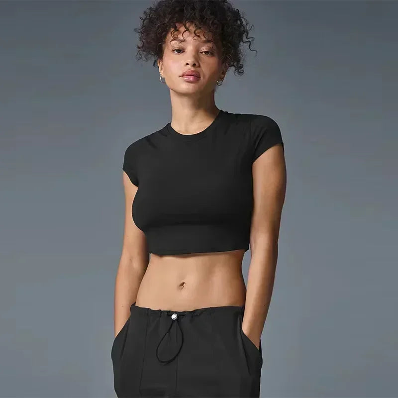 Running Exercise Yoga Clothes for Women Fashion Solid Slimming Tight T-shirt Summer Fitness Training Short Sleeved Crop Top