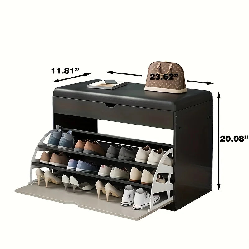 Wooden Shoe Bench with Storage | 3-Tier Shoe Rack, Cushioned Seat & Hidden Cabinet | Space-Saving Entryway Organizer for Home