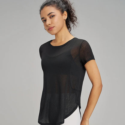 Hollow loose yoga hoodie fitness leisure sports short sleeve mesh breathable lightweight yoga clothing women