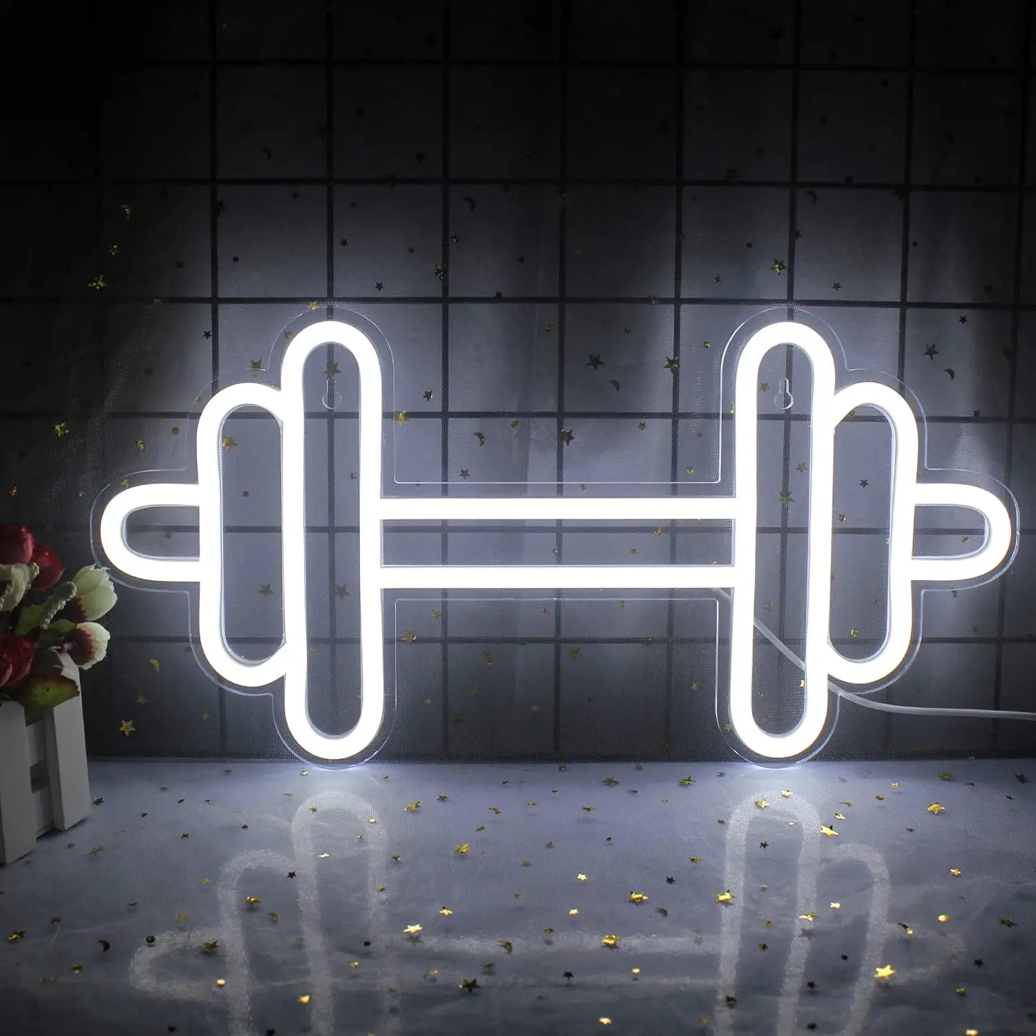 Gym Neon Sign White Barbell Dumbbell Shape Neon Sign USB Port Wall Neon Sign for Health Club Room Decoration and Game Room Decor