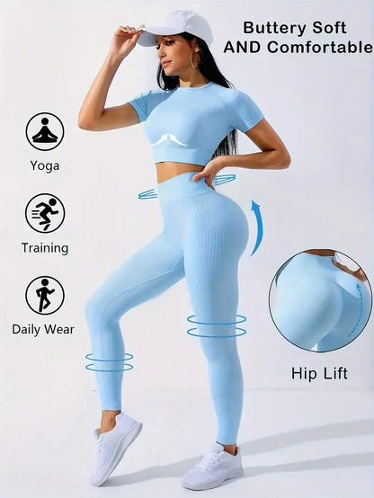 Yoga Set 2 Pieces Women Tracksuits Workout Sportswear Gym Clothing Fitness Short Sleeves Long Leggings Suits