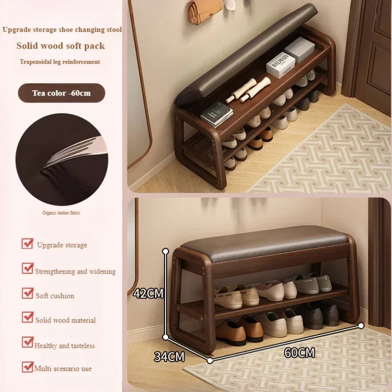 Solid Wood Shoe Bench Breathable Living Room Entryway Thickly Padded Shoe Changing Stool Anti-Collapse Hallway Storage Stools