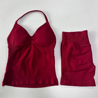 2 Pieces Impact Sports Set Workout Clothes Shorts Sets Impact Longline Strappy Top Seamless Scrunch Shorts Yoga Clothing Gym Set