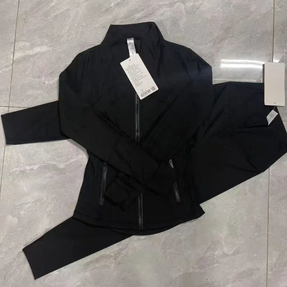 Yoga Suit Set Stand Collar Long Sleeve Jacket Plus Nine-point Pants Yoga Elastic Breathable Running Fitness Suit for Women