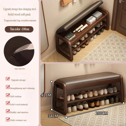 Solid Wood Shoe Bench Breathable Living Room Entryway Thickly Padded Shoe Changing Stool Anti-Collapse Hallway Storage Stools