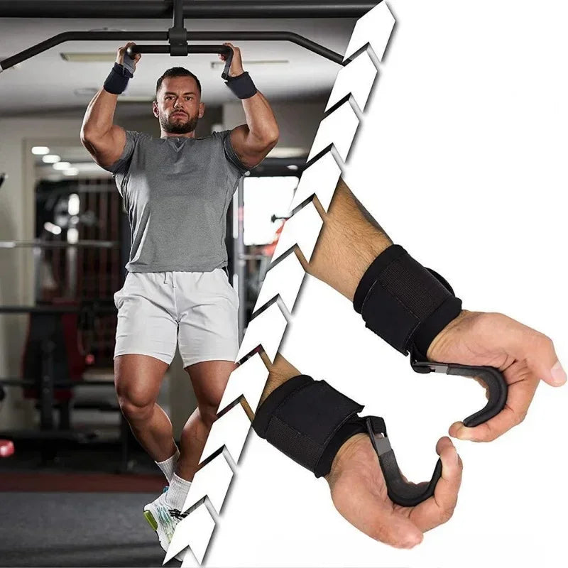 Fitness equipment: squat, weightlift, pull-up. Wrist hook for bar, aids strength training, no hand strain.