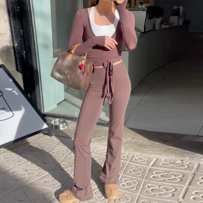 Yoga Workout Outfits Ladies Casual Slim Fit Bandage Crop Tops T-shirt + Fitness Legging Pants Women 2 Piece Sporty Matching Set