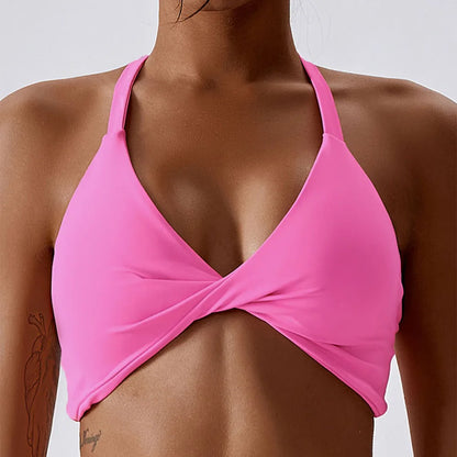 Anfilia Women Sports Bras Solid Halter Neck High Elastic With Removable Padded Gym Crisscross Strappy Back Yoga Running Tops