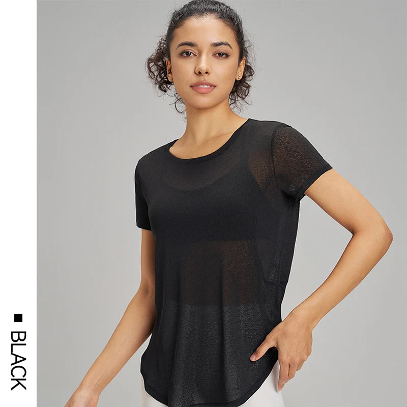 Hollow loose yoga hoodie fitness leisure sports short sleeve mesh breathable lightweight yoga clothing women