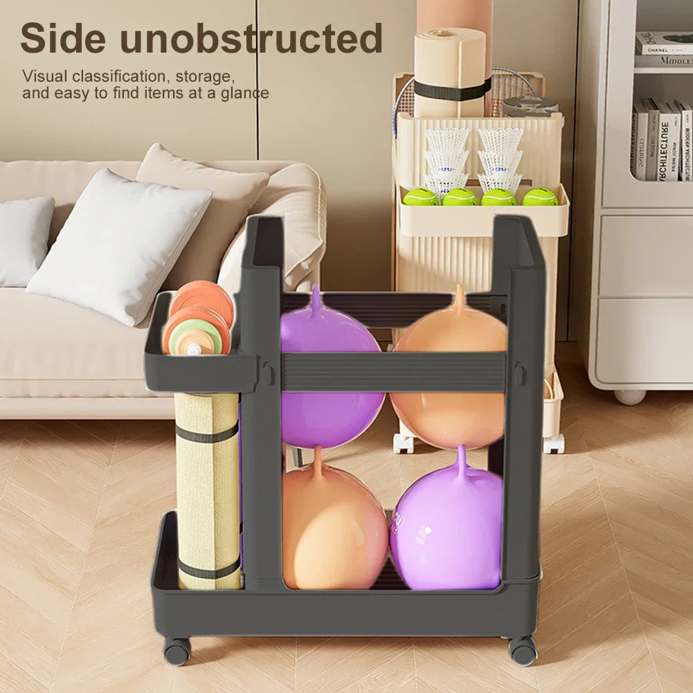 1p Gym Equipment Organizer Trolley with Wheels, Sports Storage Rack Yoga Mat Holder Basket Fitness Tools Organizer Portable Cart