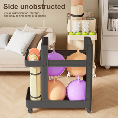 1p Gym Equipment Organizer Trolley with Wheels, Sports Storage Rack Yoga Mat Holder Basket Fitness Tools Organizer Portable Cart