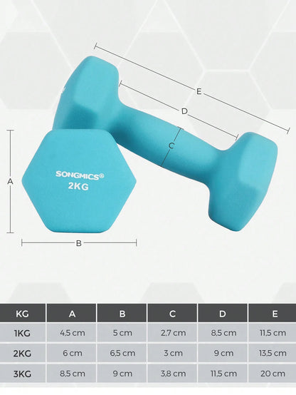 SONGMICS Dumbbell Set, dumbbells, Hexagon, with Dumbbell stand, 2x1 kg, 2x2 kg, 2x3 kg, lime green, aquamarine, Gray