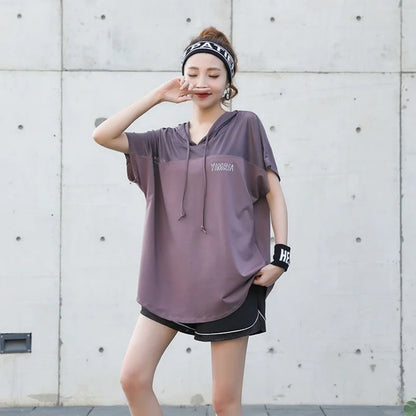 Loose Fitness Clothes Women's Yoga T-Shirt Hoodies Sweatshirt Summer Thin Short Sleeve  Outdoor Running Sports Clothing