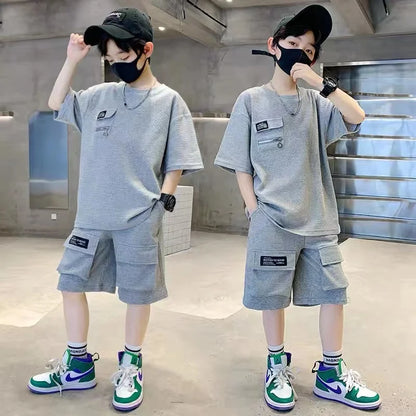 Boys Sport Clothing Sets Summer Big Kids Loose Casual Suit Teen Short Sleeve Tops+Shorts 2Pcs Children Fashion Handsome Outfits