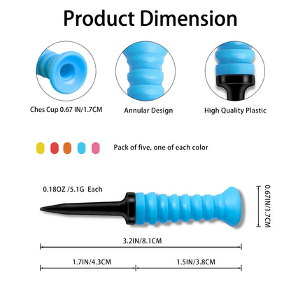 Caiton 5pcs 360° Flexible Rubber Golf Tees, 3.2in/81mm, Durable, Low Friction, Vibrant Multicolor - Ideal for Everyday Golfers