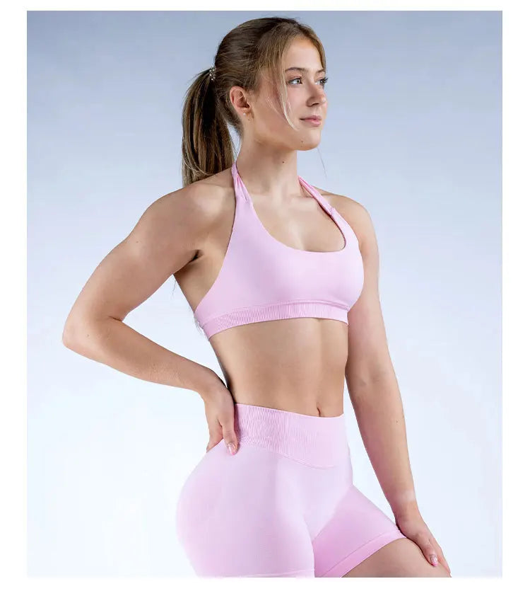Sports Bra  Seamless Halter Neck Strap Bra Open Back Fitness Yoga Top Bras Support Women Workout Gym Crop Top