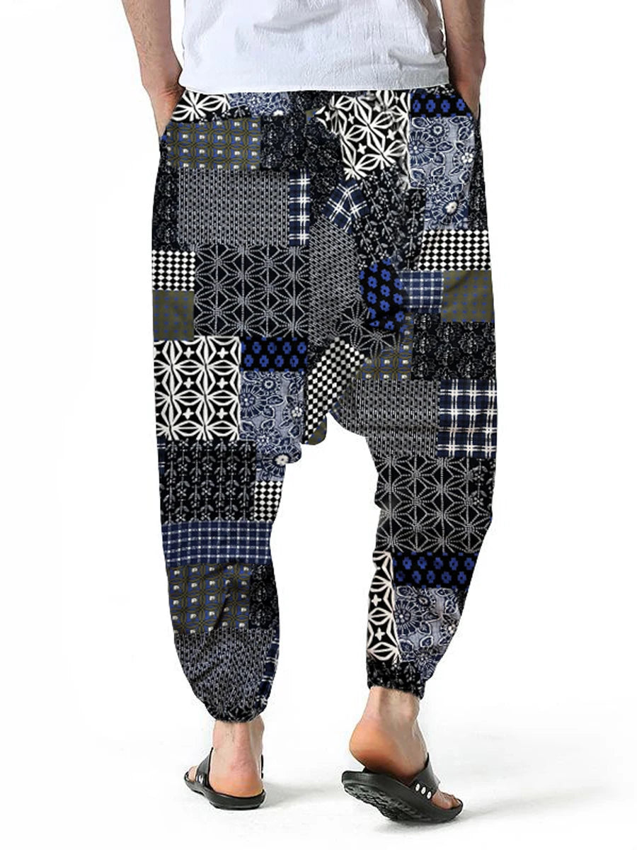Men's Bohemian Harem Pants Unique Patchwork Print Soft Breathable Material Elastic Waist Casual Looks Beach Trips Yoga Clothing