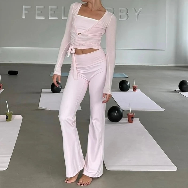 Yoga Workout Outfits Ladies Casual Slim Fit Bandage Crop Tops T-shirt + Fitness Legging Pants Women 2 Piece Sporty Matching Set