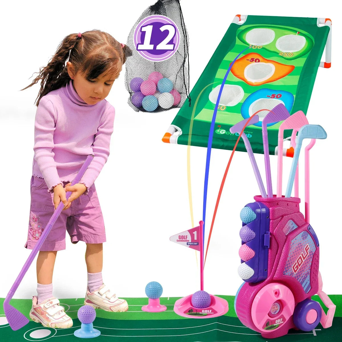 Pink Golf Toy Set with 12 Balls, Portable Golf Cart, Unique Shoulder Strap - Indoor Outdoor Sports Toy, Christmas, Thanksgiving