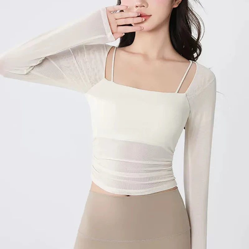 Women's sports yoga suit, mesh fake two-piece yoga sports top fitness suit