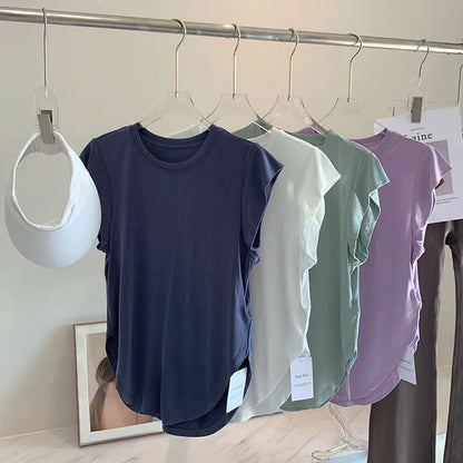 Women Yoga Top  Comfortable Fitness T-shirt Short Sleeve Round Neck  Breathable Gym Clothes Blouse